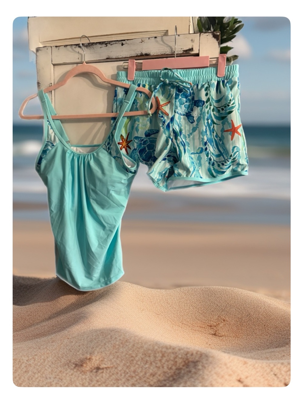 Light Aqua Women's Swim Coverup Tankini & Shorts Set